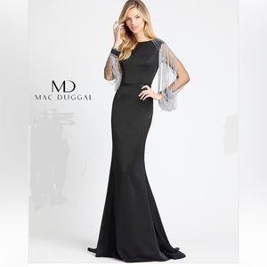 Mac Duggal Black Evening Gown with Silver Fringe Sleeves